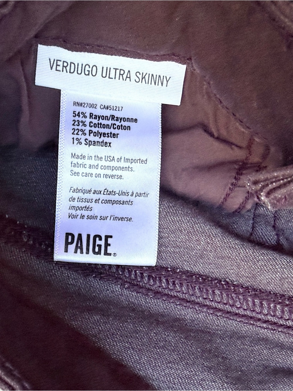 PAIGE $189 Verdugo Ultra Skinny Jeans in Dark Wine 25 - Picture 6 of 8